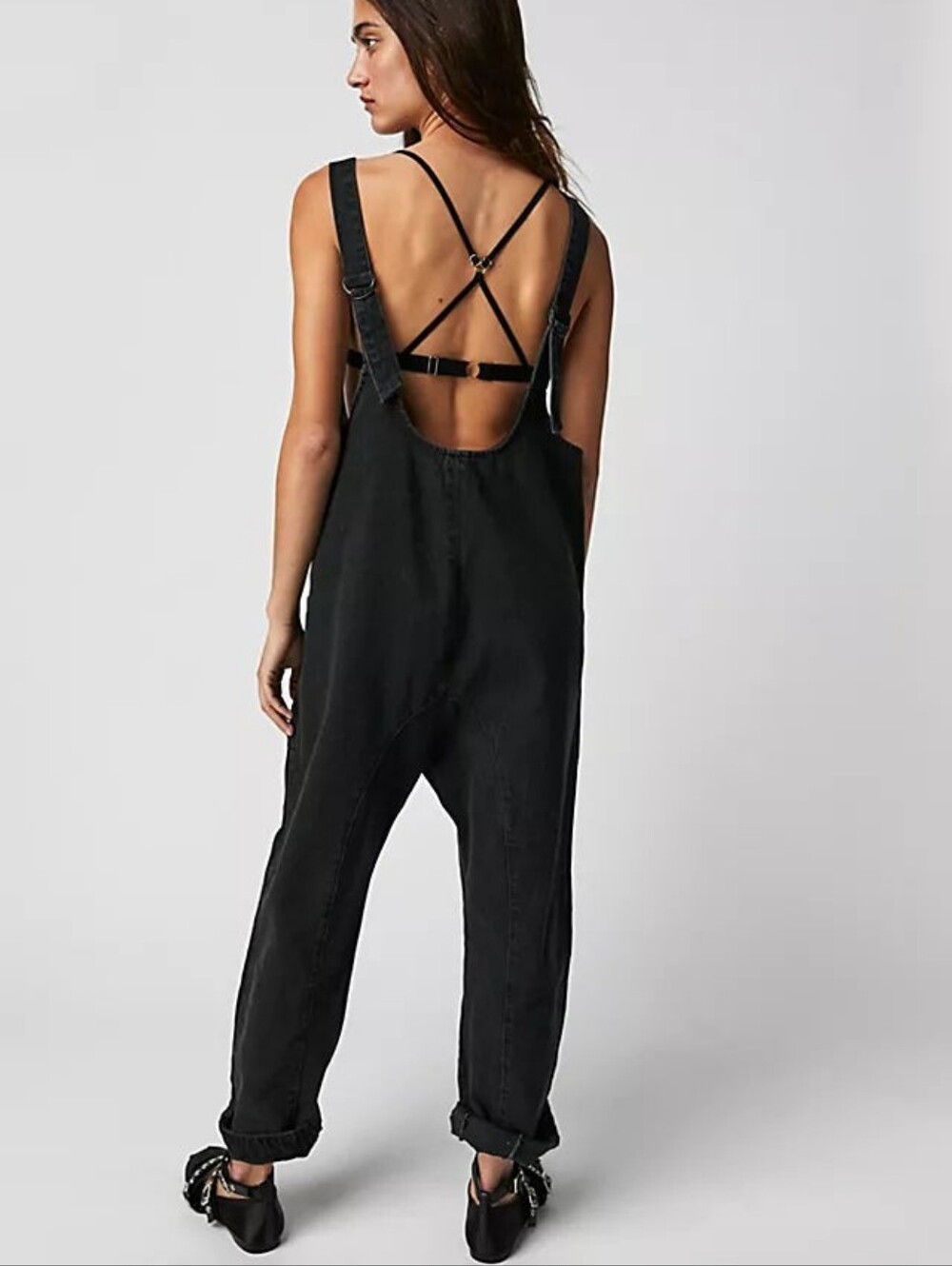 Free People High Roller Denim Jumpsuit Harem Baggy Mineral Black Size L - Picture 2 of 12